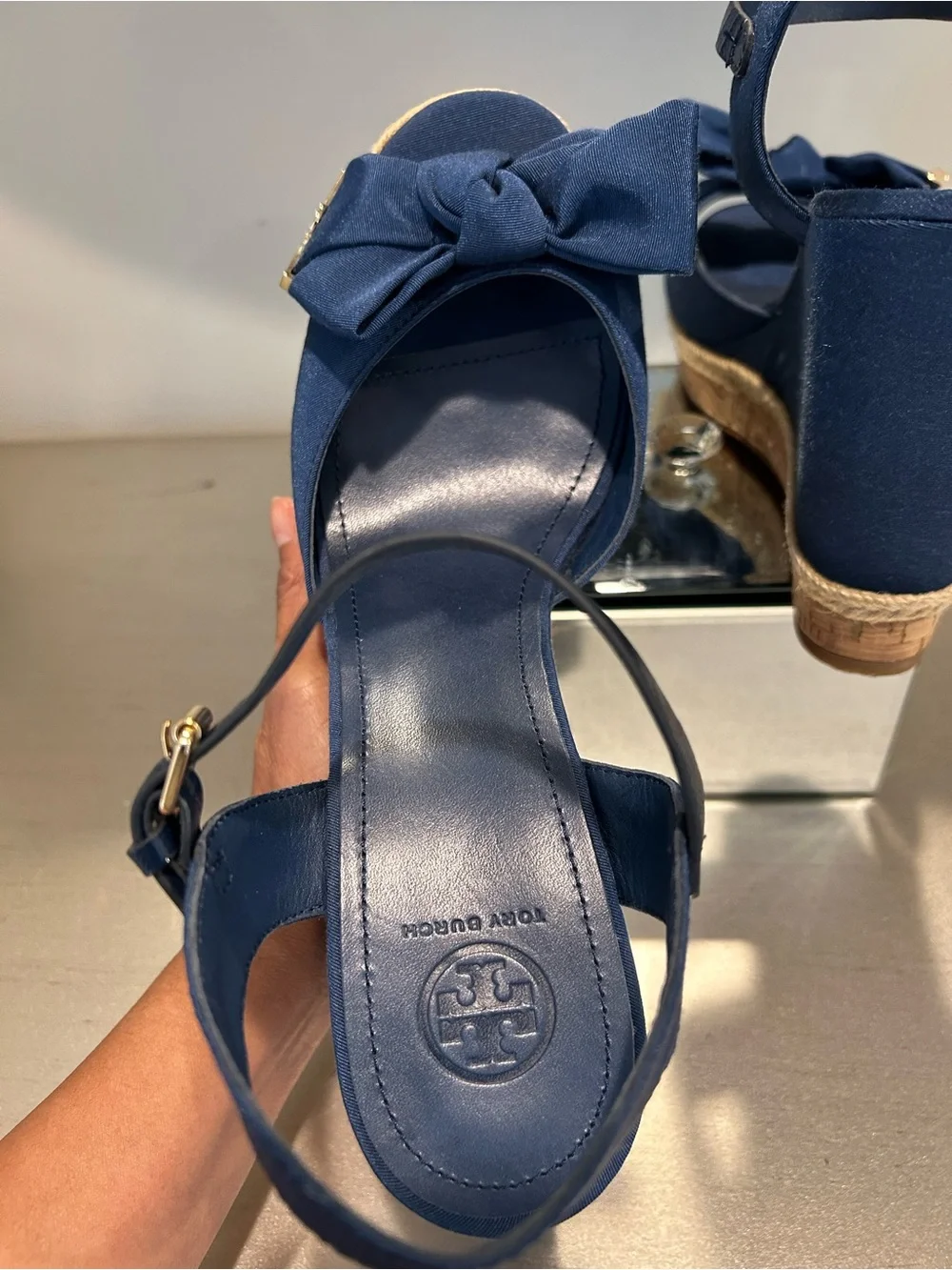 Tory Burch Navy Bow Espadrille Wedge Sandals